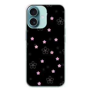 Чехол с розовым рисунком для iPhone 16 (Розовые цветы на черном)