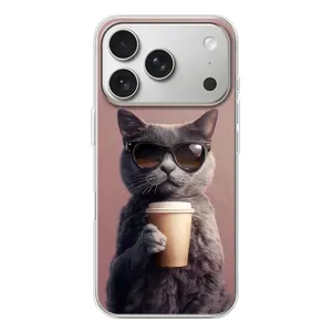 Чехол с принтом стильные животные для Айфон 17 Pro (Кот с кофе)
