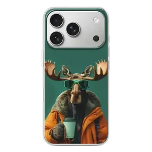 Чехол с принтом стильные животные для Айфон 17 Pro (Лось с кофе)