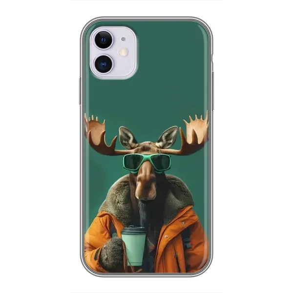 Чехол с принтом «Лось с кофе» для iPhone 11