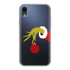 Зимние Чехлы для Айфон Хр - прозрачный фон (Гринч с игрушкой)