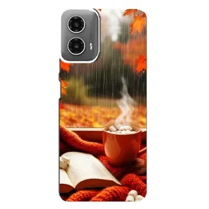Чехол с уникальным дизайном «Осень с кофе» для Motorola MOTO G34 (Кофе и дождь)