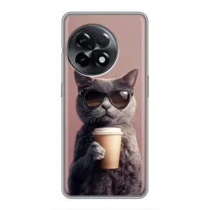 Чехол с принтом стильные животные для ОнеПлас 11 Про (Кот с кофе)