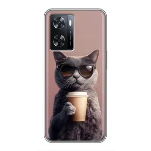 Чехол с принтом стильные животные для Оппо А77 (Кот с кофе)