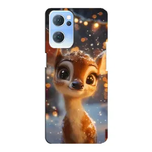 Яркий чехол для OPPO Reno7 5G с Зимними Оленятами (Олененок среди гирлянд)