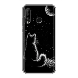 Чехол с принтом для Huawei P30 Lite (AlphaPrint) Модные коты (Котик и луна)