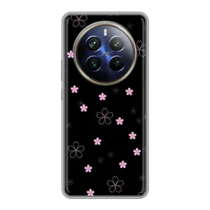 Чехол с розовым рисунком для Realme 12 Plus (Розовые цветы на черном)