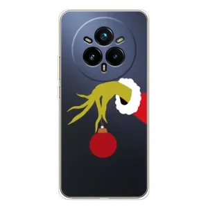 Зимние Чехлы для Реалми 14 Про - прозрачный фон (Гринч с игрушкой)