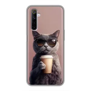 Чехол с принтом стильные животные для Реалми 6 (Кот с кофе)