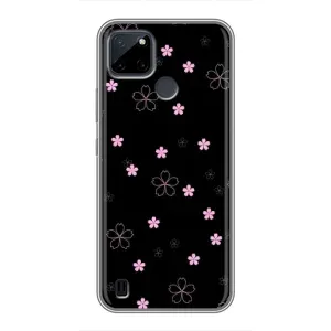 Чехол с розовым рисунком для Realme C25Y (Розовые цветы на черном)