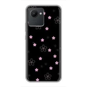 Чохол з розовим принтом для Realme C30 (Рожеві квіти на чорному)