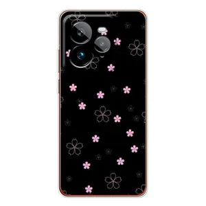 Чехол с розовым рисунком для Realme GT 7Pro (Розовые цветы на черном)