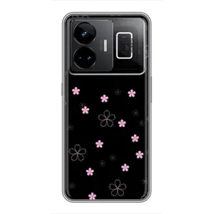 Чехол с розовым рисунком для Realme GT3 (Розовые цветы на черном)