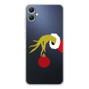 Зимние Чехлы для Галакси А06 - прозрачный фон (Гринч с игрушкой)