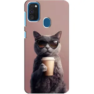 Чехол с принтом стильные животные для Самсунг А21с (Кот с кофе)