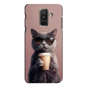 Чехол с принтом стильные животные для Самсунг А6 Плюс 2018, А605 (Кот с кофе)