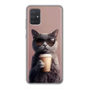 Чехол с принтом стильные животные для Самсунг А71 (Кот с кофе)