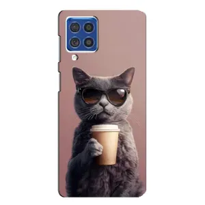 Чехол с принтом стильные животные для Самсунг Ф62 (Кот с кофе)