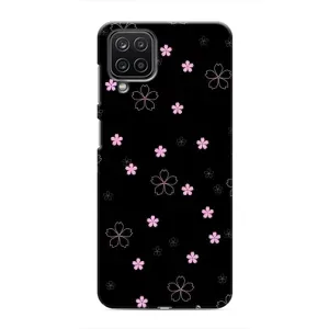 Чехол с розовым рисунком для Samsung Galaxy M12 (Розовые цветы на черном)