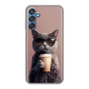 Чехол с принтом стильные животные для Самсунг М15 (Кот с кофе)