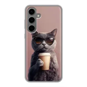 Чехол с принтом стильные животные для Самсунг С24 Плюс (Кот с кофе)