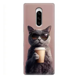 Чохол з принтом стильні тварини для Sony Xperia 1 (Кіт з кавою)