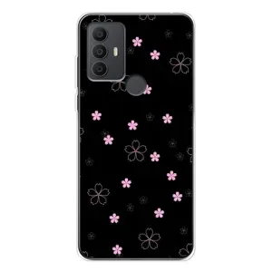 Чехол с розовым рисунком для TCL 30 SE (Розовые цветы на черном)