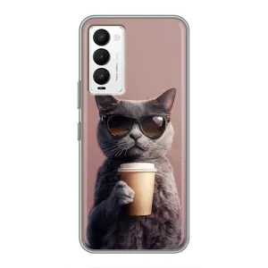 Чехол с принтом стильные животные для Техно Камон 18 / Камон 18п (Кот с кофе)