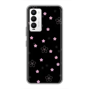 Чехол с розовым рисунком для Tecno Camon 18 / Camon 18P (Розовые цветы на черном)