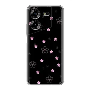 Чехол с розовым рисунком для Tecno POVA 5 (LG7n) (Розовые цветы на черном)