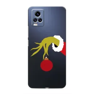 Зимние Чехлы для Виво В20 - прозрачный фон (Гринч с игрушкой)