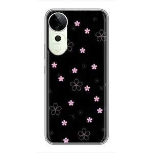 Чехол с розовым рисунком для ViVO Y04s (Розовые цветы на черном)