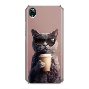 Чехол с принтом стильные животные для Виво у1с (Кот с кофе)