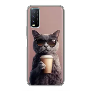 Чехол с принтом стильные животные для Виво у20 (Кот с кофе)