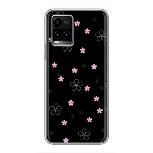 Чехол с розовым рисунком для Vivo Y33s (Розовые цветы на черном)