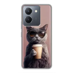Чехол с принтом стильные животные для Виво У36 (Кот с кофе)