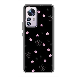 Чехол с розовым рисунком для Xiaomi 12 / 12X (Розовые цветы на черном)