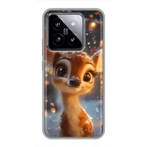 Яркий чехол для Xiaomi 14 с Зимними Оленятами (Олененок среди гирлянд)