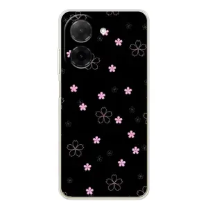 Чехол с розовым рисунком для Xiaomi Poco C71 (Розовые цветы на черном)