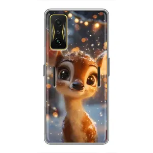 Яркий чехол для Xiaomi POCO F4 GT с Зимними Оленятами (Олененок среди гирлянд)