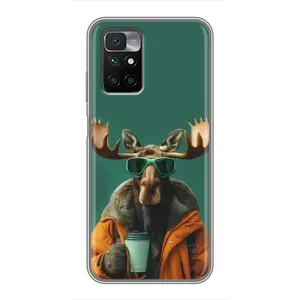 Чехол с принтом стильные животные для Редми 10 (Лось с кофе)