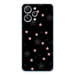 Чехол с розовым рисунком для Xiaomi Redmi 12 (Розовые цветы на черном)