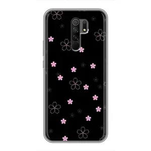 Чехол с розовым рисунком для Xiaomi Redmi 9 (Розовые цветы на черном)