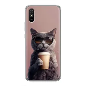 Чехол с принтом стильные животные для Редми 9А (Кот с кофе)