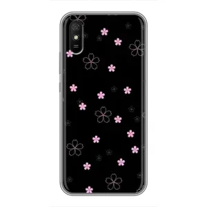 Чехол с розовым рисунком для Xiaomi Redmi 9A (Розовые цветы на черном)