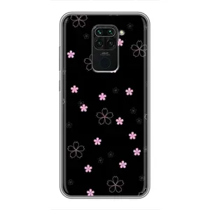 Чехол с розовым рисунком для Xiaomi Redmi Note 9 (Розовые цветы на черном)