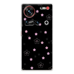 Чехол с розовым рисунком для ZTE Nubia Z70 Ultra (Розовые цветы на черном)
